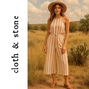 Cloth & Stone Striped Halter Cropped Jumpsuit Jumper Size S, Rust, Cream